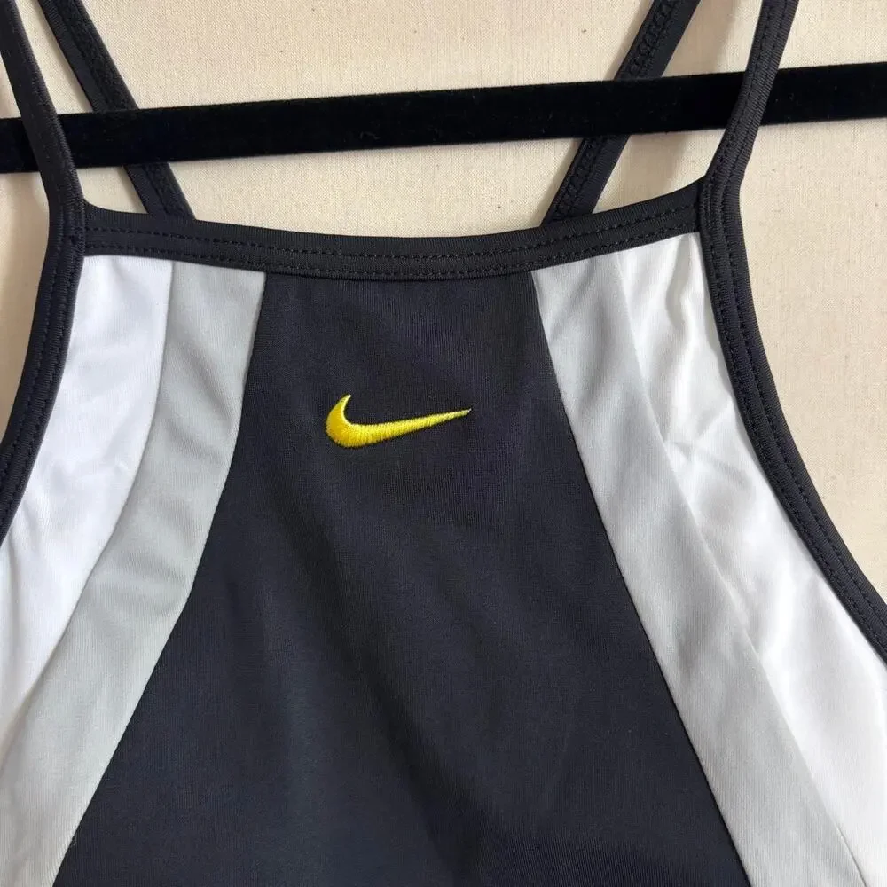 Vintage Nike black & white color block swimsuit with gold swoosh, size 6